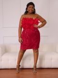 Women sleeveless sexy sequined Stretchy feather Strapless Bodycon Dress