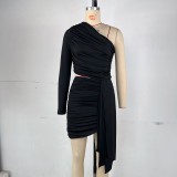 Women Pleated One-shoulder Sleeve Open Waist and Bodycon Skirt Two-piece Set
