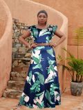 Plus Size Women Women Casual Ruffle Sleeve Printed Top and Long Skirt Two-piece Set