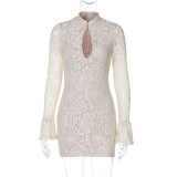 Women Winter Sexy Lace Hollow Bell Bottom Sleeve Bodycon Dress
