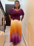 Women pleated v-neck sexy Shiny Top and gradient elegant Skirt two-piece set