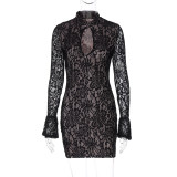Women Winter Sexy Lace Hollow Bell Bottom Sleeve Bodycon Dress