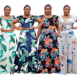 Plus Size Women Women Casual Ruffle Sleeve Printed Top and Long Skirt Two-piece Set