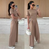 Summer Fashion Solid Color Short Sleeve T-shirt Wide Leg Trousers Two-Piece Set