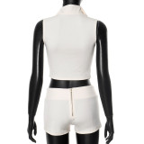 Spring Summer Women's Zipper Turndown Collar Sleeveless Crop Top High Waist Tight Shorts Two Piece Set