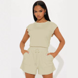 Women's Casual Solid Color Sleeveless Top Drawstring Pocket Shorts Two-Piece Set