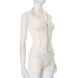 Spring Summer Women's Zipper Turndown Collar Sleeveless Crop Top High Waist Tight Shorts Two Piece Set