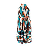 Plus Size Women's Bohemian Sleeveless High-Neck Geometric Print Color Block Tie-Waist Dress