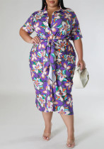 Plus Size Women's Printed Slim Waist Chic V-Neck Slit Belted Shirt Dress