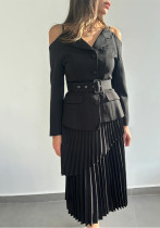 Off-Shoulder Strap Top High-Waist Pleated Skirt Two Piece Set Off-Shoulder Strap Top High-Waist Pleated Skirt Two Piece Set