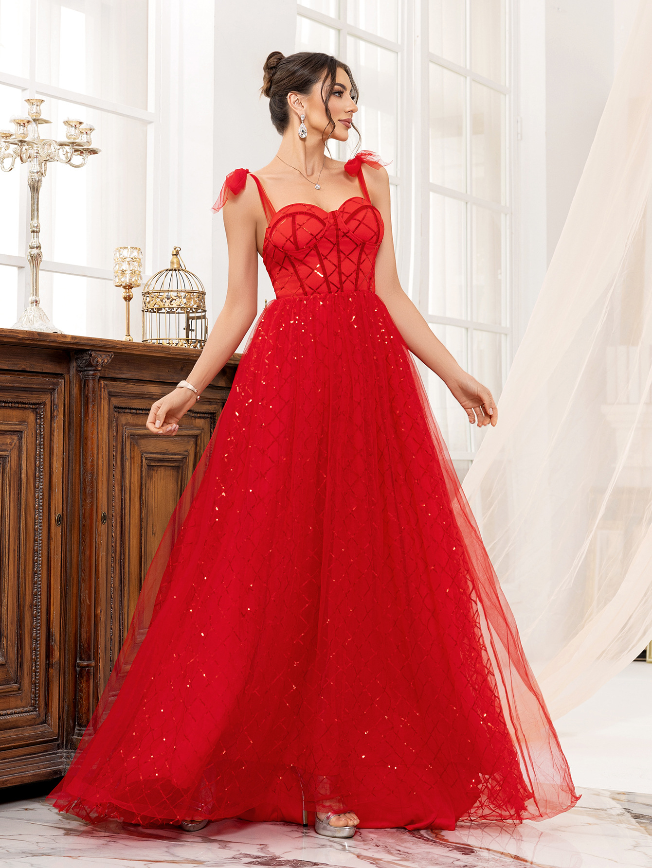Red Strap sequin Mesh Formal Party Long Evening Dress