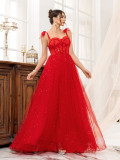 Red Strap sequin Mesh Formal Party Long Evening Dress