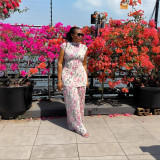 Women's Spring Pleated Round Neck Flying Sleeve Fashion Print Top Wide-Leg Pants Two-Piece Set