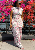 Women's Spring Pleated Round Neck Flying Sleeve Fashion Print Top Wide-Leg Pants Two-Piece Set