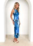Women's Spring Summer Chic Sexy Printed Sleeveless Slim Waist Slim Long Dress