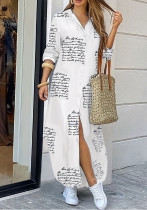 Casual Turndown Collar Slit Long Sleeves Letter Print Long Shirt Dress