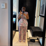 Women's Spring Pleated Round Neck Flying Sleeve Fashion Print Top Wide-Leg Pants Two-Piece Set