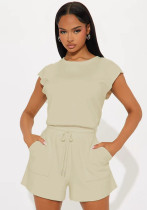 Women's Casual Solid Color Sleeveless Top Drawstring Pocket Shorts Two-Piece Set