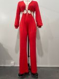 Feminine Solid Color Women's Long Sleeve Jumpsuit