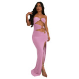 Fashion Women's Metal Decoration Solid Color Low Back Sexy Strapless Slit Long Dress