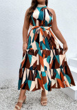 Plus Size Women's Bohemian Sleeveless High-Neck Geometric Print Color Block Tie-Waist Dress