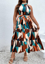 Plus Size Women's Bohemian Sleeveless High-Neck Geometric Print Color Block Tie-Waist Dress Plus Size Women's Bohemian Sleeveless High-Neck Geometric Print Color Block Tie-Waist Dress