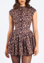 Women's Spring Leopard Print Round Neck Pleated Slim Sexy Low-Back Dress