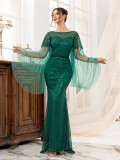 Low-Back Green Women's Long Sleeve Formal Party Sequin Fishtail Evening Dress