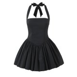 Summer Women Fashion Solid Color Slim Waist Halter Neck A-line Dress