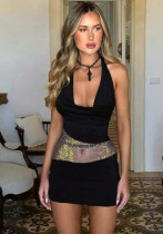 Women's Spring Sexy Halter Neck Low-Back Lace-Up Mesh Patchwork Short Dress