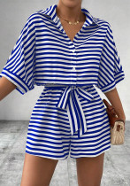 Summer Striped Lace-Up Turndown Collar Short Casual Jumpsuit Summer Striped Lace-Up Turndown Collar Short Casual Jumpsuit