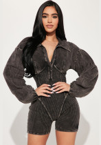 Sexy Patchwork Women's Summer Slim Waist Lantern Sleeve Deep V Turndown Collar Short Jumpsuit Sexy Patchwork Women's Summer Slim Waist Lantern Sleeve Deep V Turndown Collar Short Jumpsuit