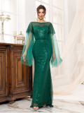 Low-Back Green Women's Long Sleeve Formal Party Sequin Fishtail Evening Dress