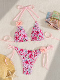 Pink Flower Women Low-Back Lace-Up Bikini Two-Piece Swimsuit