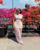 Women's Spring Pleated Round Neck Flying Sleeve Fashion Print Top Wide-Leg Pants Two-Piece Set
