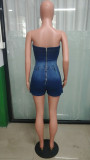 Tight Waist Slim Washed Denim Strapless Jumpsuit