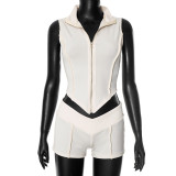 Spring Summer Women's Zipper Turndown Collar Sleeveless Crop Top High Waist Tight Shorts Two Piece Set