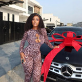 Women's Spring Round Neck Long Sleeve Leopard Print Sexy Hollow Tight-Fitting Jumpsuit