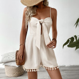 Summer Texture Waffle Strap Fringed Knotted Jumpsuit