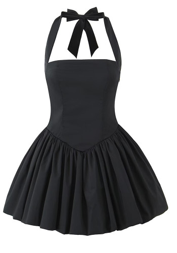 Summer Women Fashion Solid Color Slim Waist Halter Neck A-line Dress
