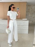 Summer Fashion Solid Color Short Sleeve T-shirt Wide Leg Trousers Two-Piece Set
