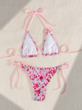 Pink Flower Women Low-Back Lace-Up Bikini Two-Piece Swimsuit