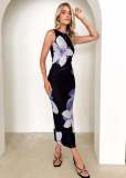 Women's Spring Summer Chic Sexy Printed Sleeveless Slim Waist Slim Long Dress