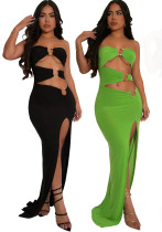 Fashion Women's Metal Decoration Solid Color Low Back Sexy Strapless Slit Long Dress Fashion Women's Metal Decoration Solid Color Low Back Sexy Strapless Slit Long Dress