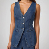 Fashion Casual Sleeveless High-Waist Women's Denim Vest Shorts Two Piece Set