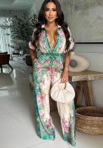 Women's Sexy V-Neck Retro Print Short Sleeve Jumpsuit