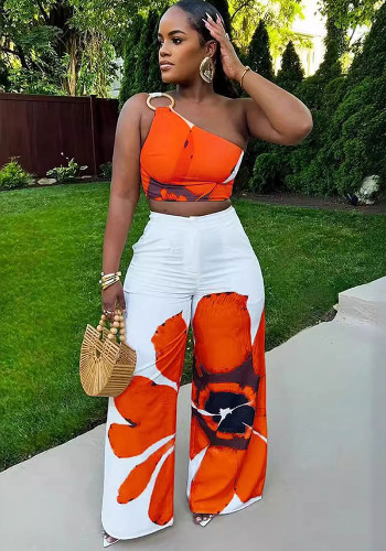 Women's Fashion Sexy Floral One-Shoulder Slim Vest Wide Leg Pants Two-Piece Set
