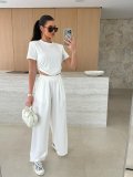 Summer Fashion Solid Color Short Sleeve T-shirt Wide Leg Trousers Two-Piece Set
