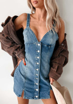 Button Sexy Deep V-Neck Strap Denim Dress