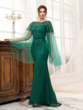 Low-Back Green Women's Long Sleeve Formal Party Sequin Fishtail Evening Dress